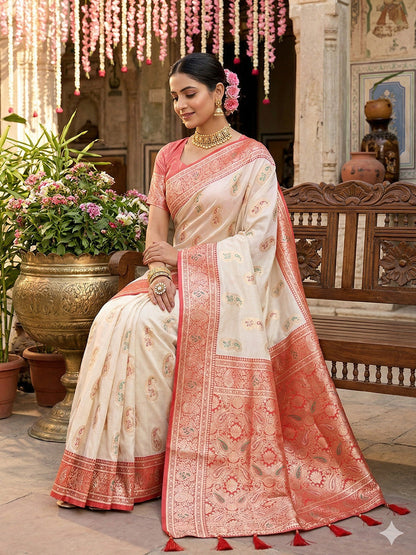 Anaita Off White Silk Blend Woven Saree With Blouse