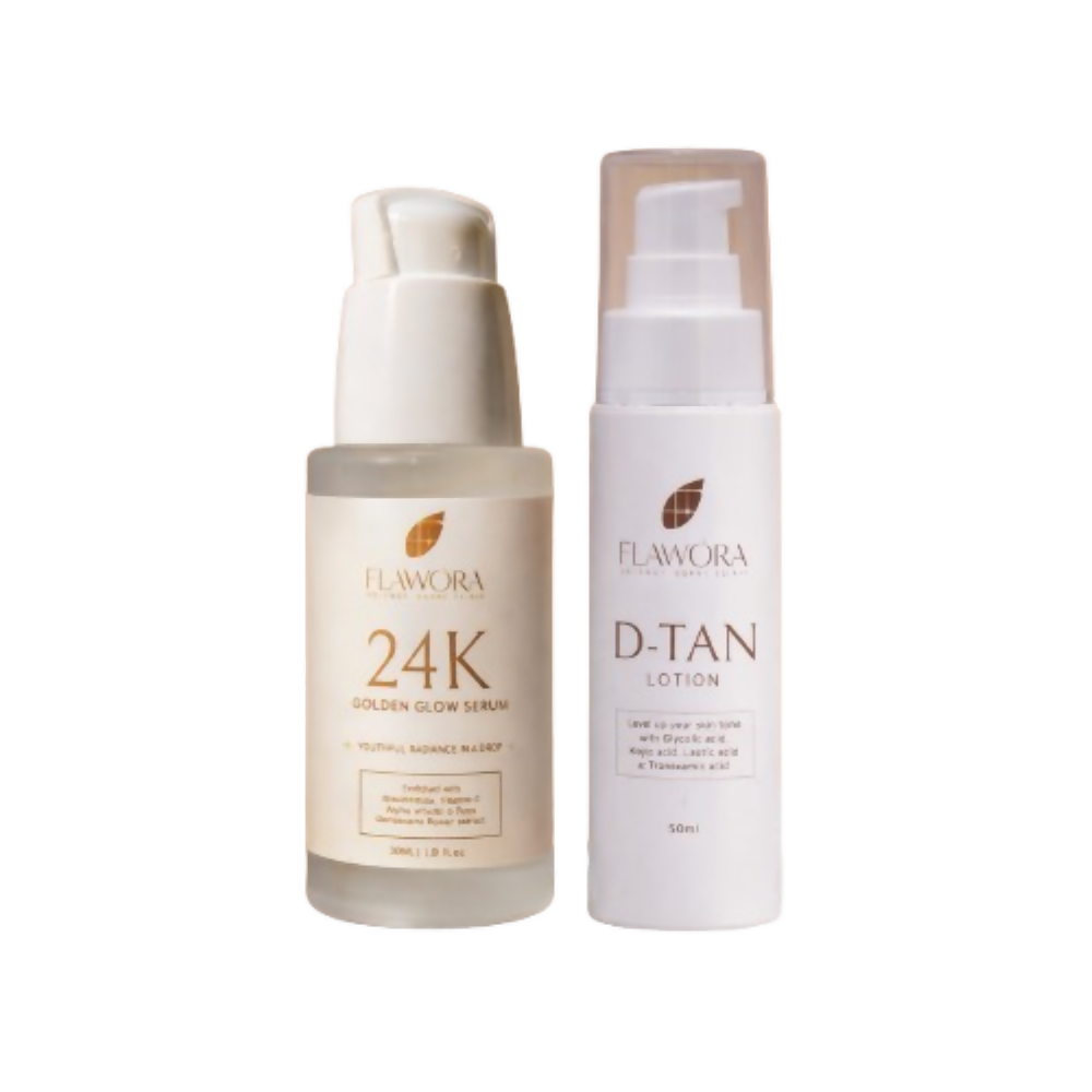 Flawora Set of 24k Golden Glow Face Serum and D-Tan Lotion