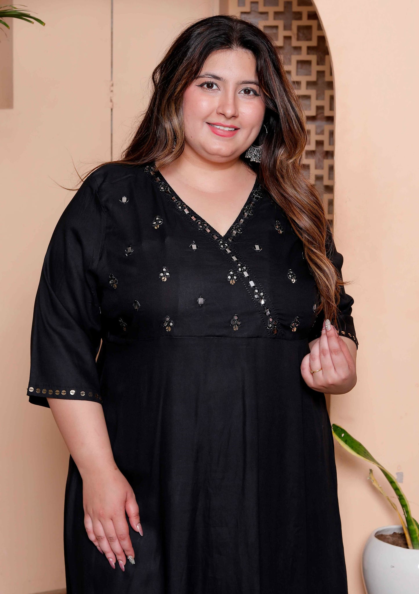 Miravan Womens Plus Size Black Mirror work Angrakha Kurta and Palazzo Set