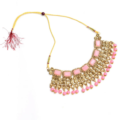 Mominos Fashion Johar Kamal Gold-Polished Brass Finish Kundan/Stone Choker For Women (Baby Pink)