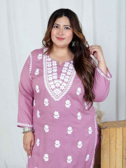Miravan Women's Plus Size Chikankari Embroidery Pink Straight Kurta And Palazzo Set