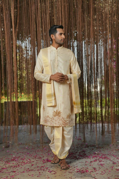 Cream Pink Kanjivaram Machien Embroidered Pattu Set by Hilo Design
