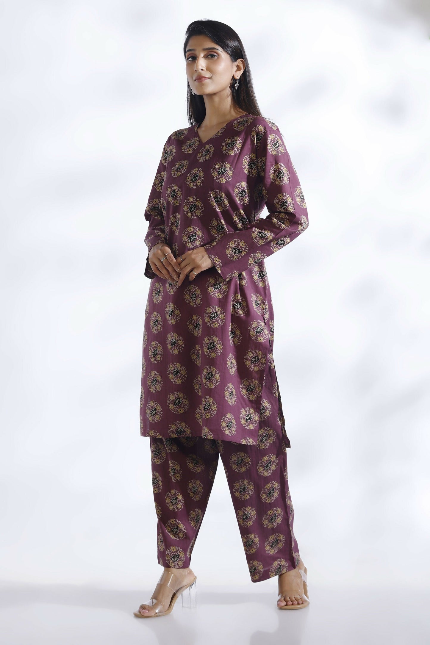 Breathables Wine Butta Print Cotton Kurta & Pants Set