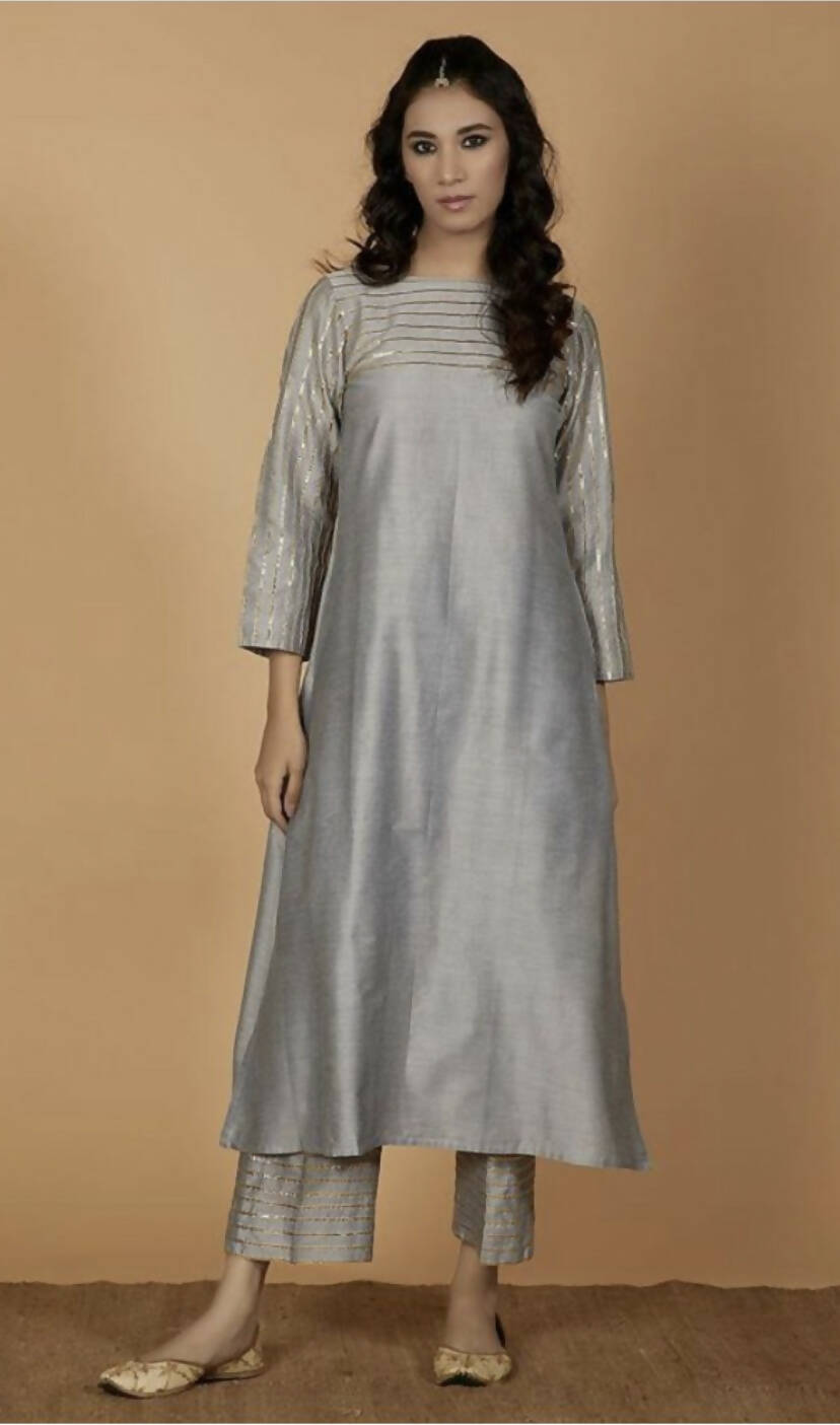 Cheera Silk Blend Fancy Gray Kurta Palazzo Set