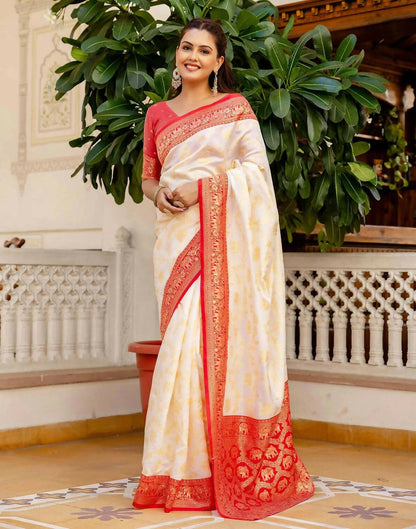 Joban Fashion Off White Silk Woven Banarasi Saree