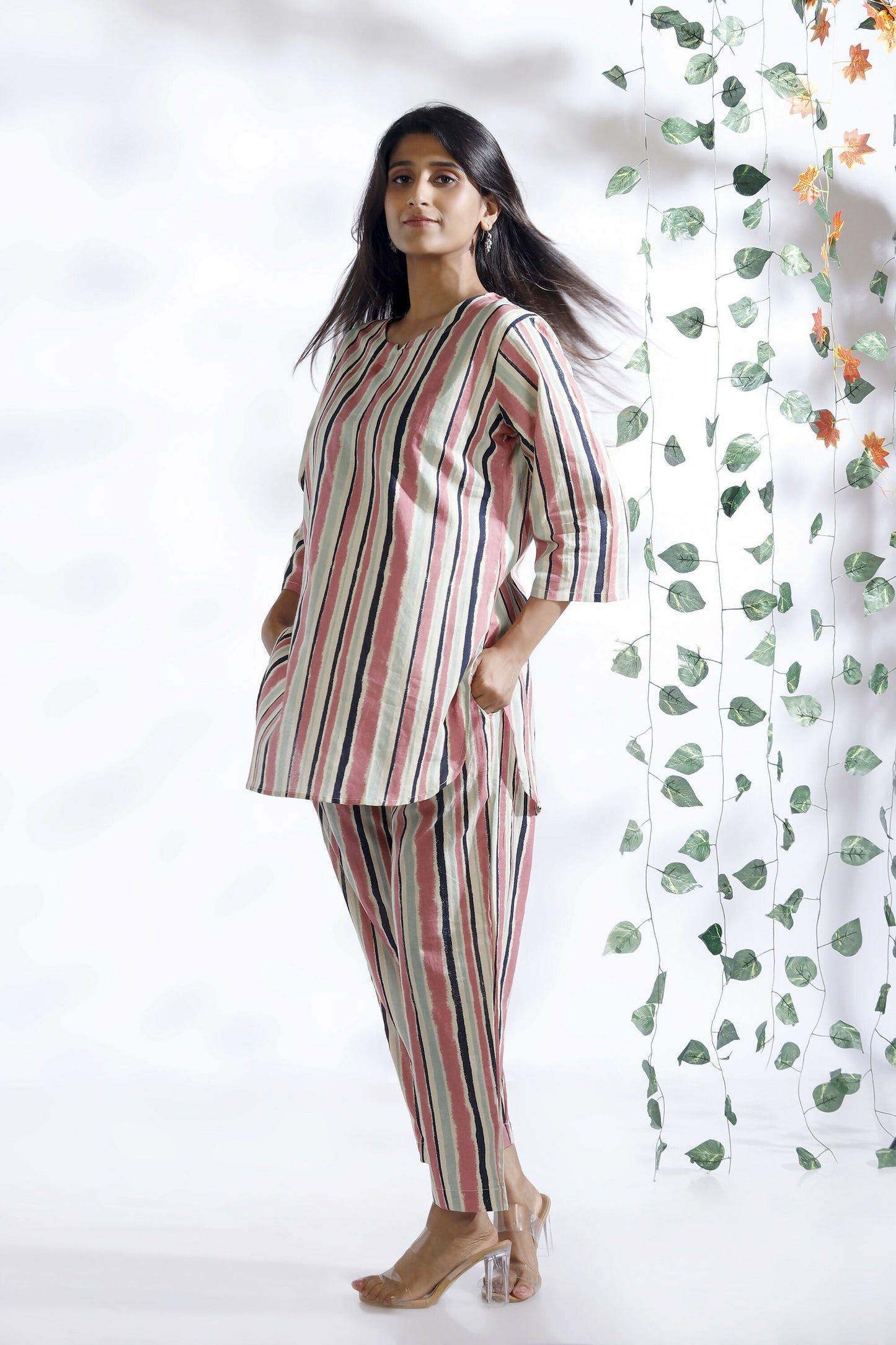 Breathables Women’S Pink Cotton Stripes Loungewear Co-Ord Set