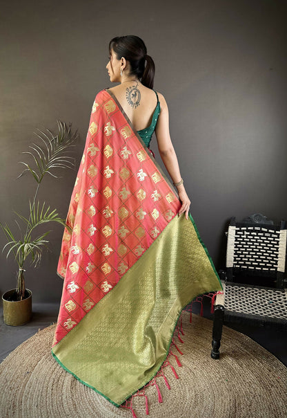 Joban Fashion Orange Elephant Motif Soft Silk Banarasi silk Saree