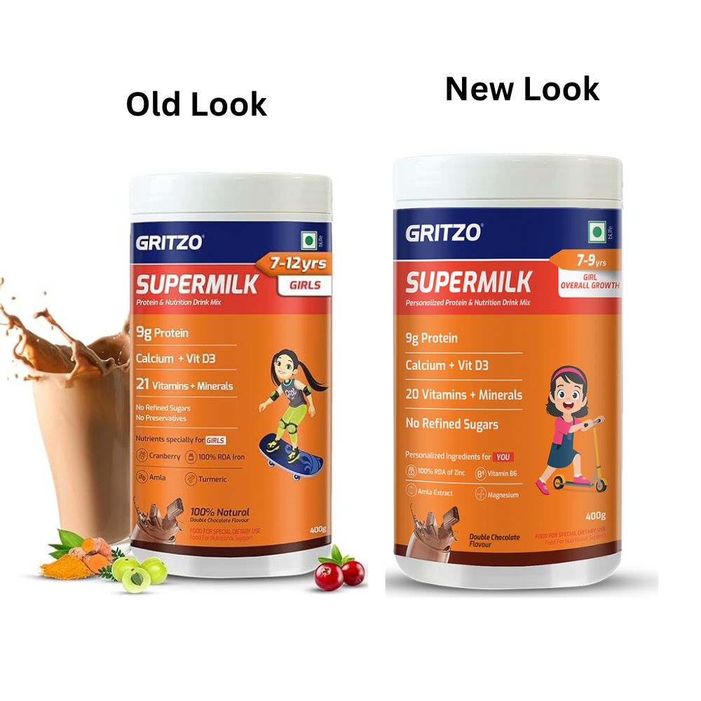 Gritzo SuperMilk Overall Growth Girls Protein Powder Double Chocolate - 400 gms