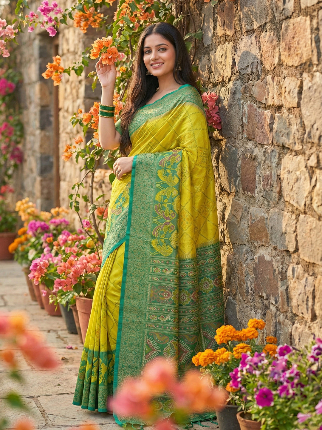 Anaita Olive Pochampally Printed Saree With Blouse