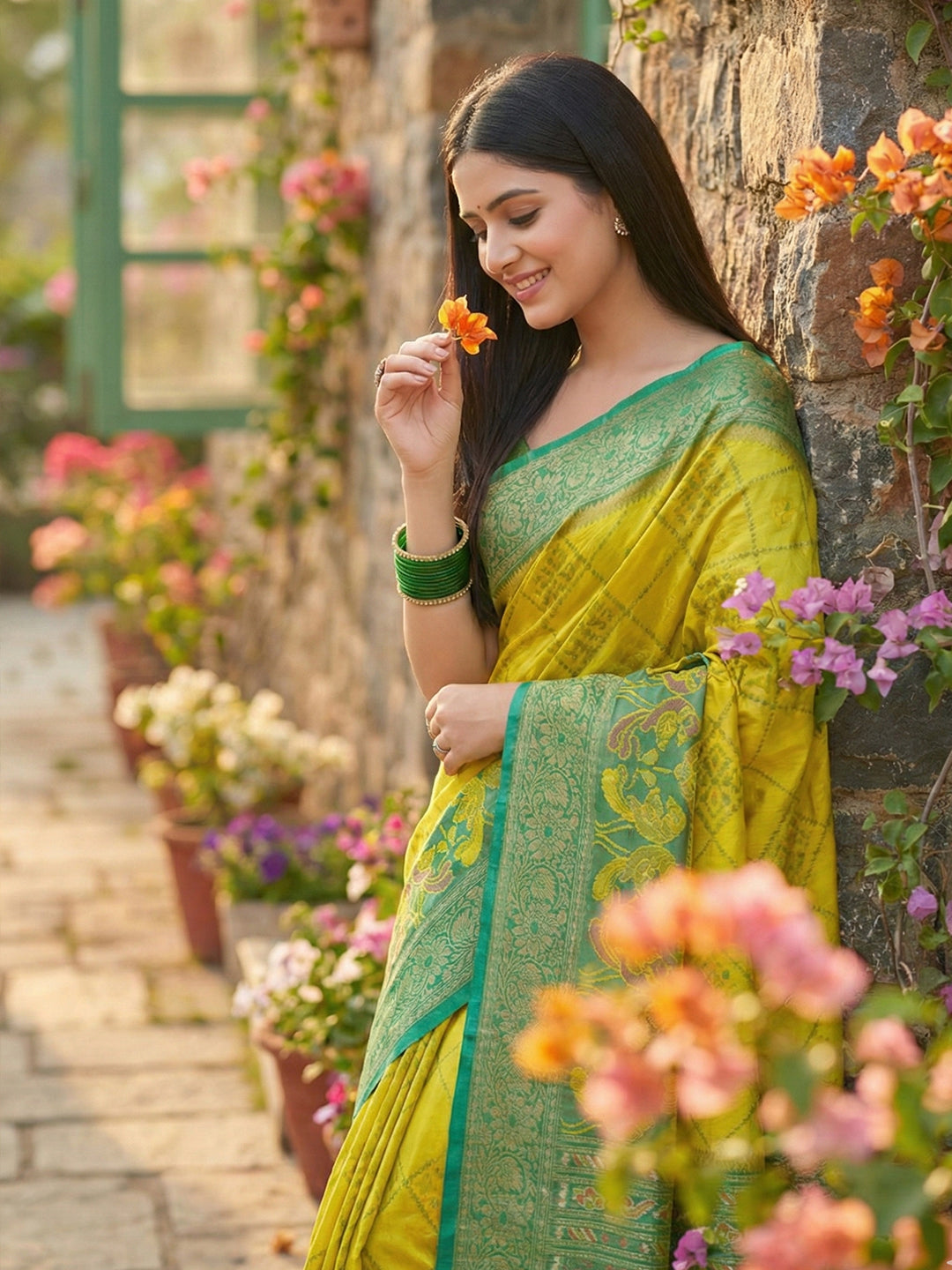 Anaita Olive Pochampally Printed Saree With Blouse