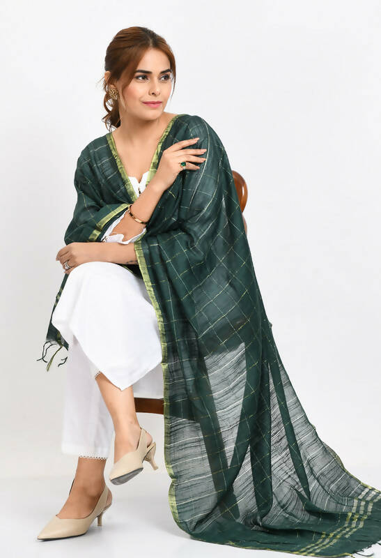 Mominos Fashion Moeza Women's Cotton Zari Box Bottle Green Dupatta