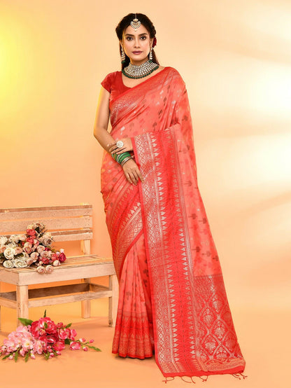 Joban Fashion Peach & Red Plain With Weaving Border Banarasi Silk Sarees
