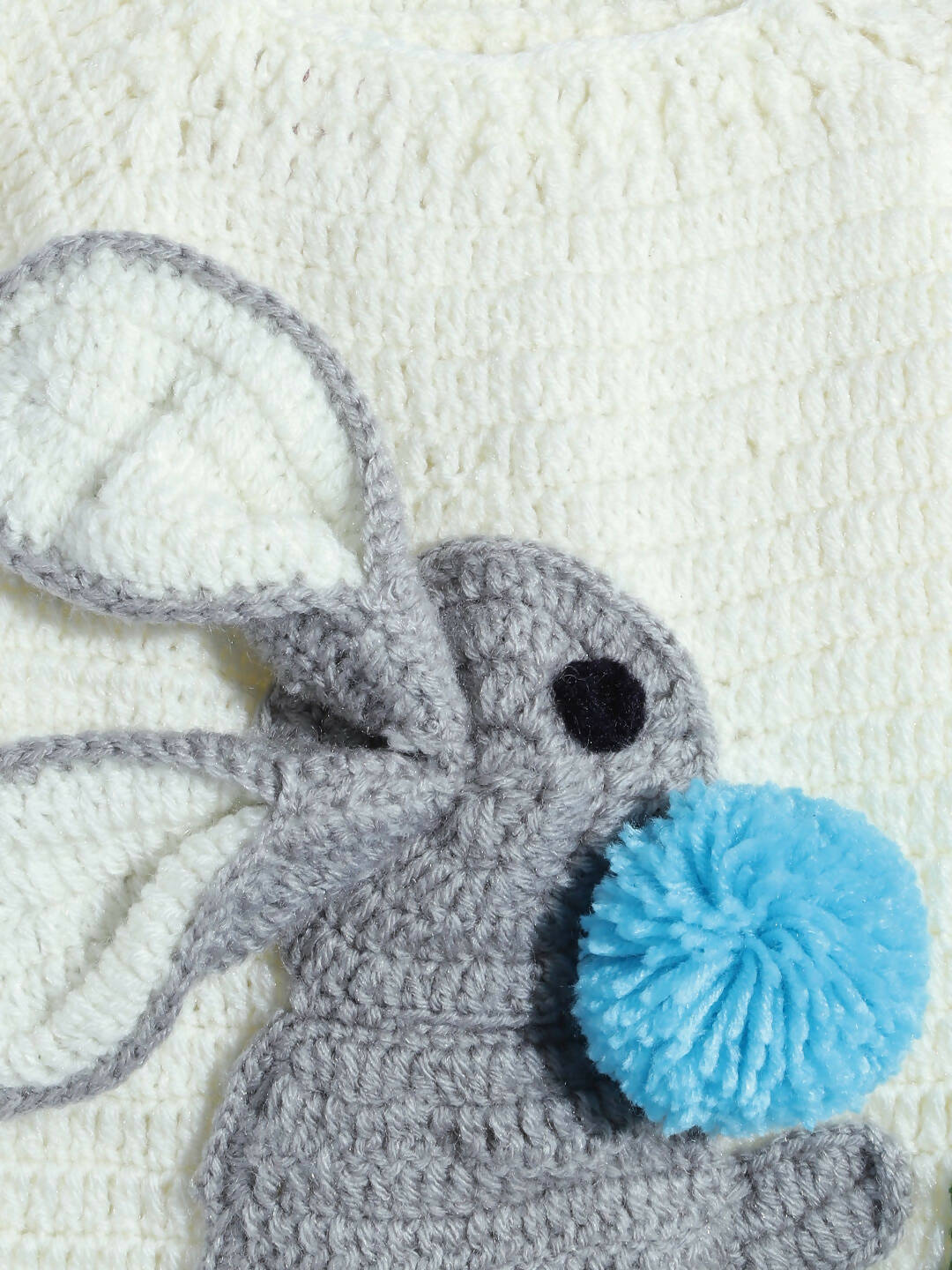 Chutput Kids Woollen Hand Knitted Full Sleeves Bunny Detail Cardigan For Baby Boys - Cream