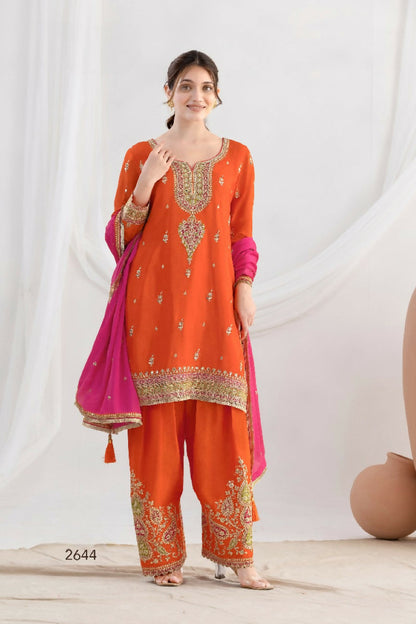 Anaita Orange Chinon Readymade Suit with Embroidery Coding & Sequence Work