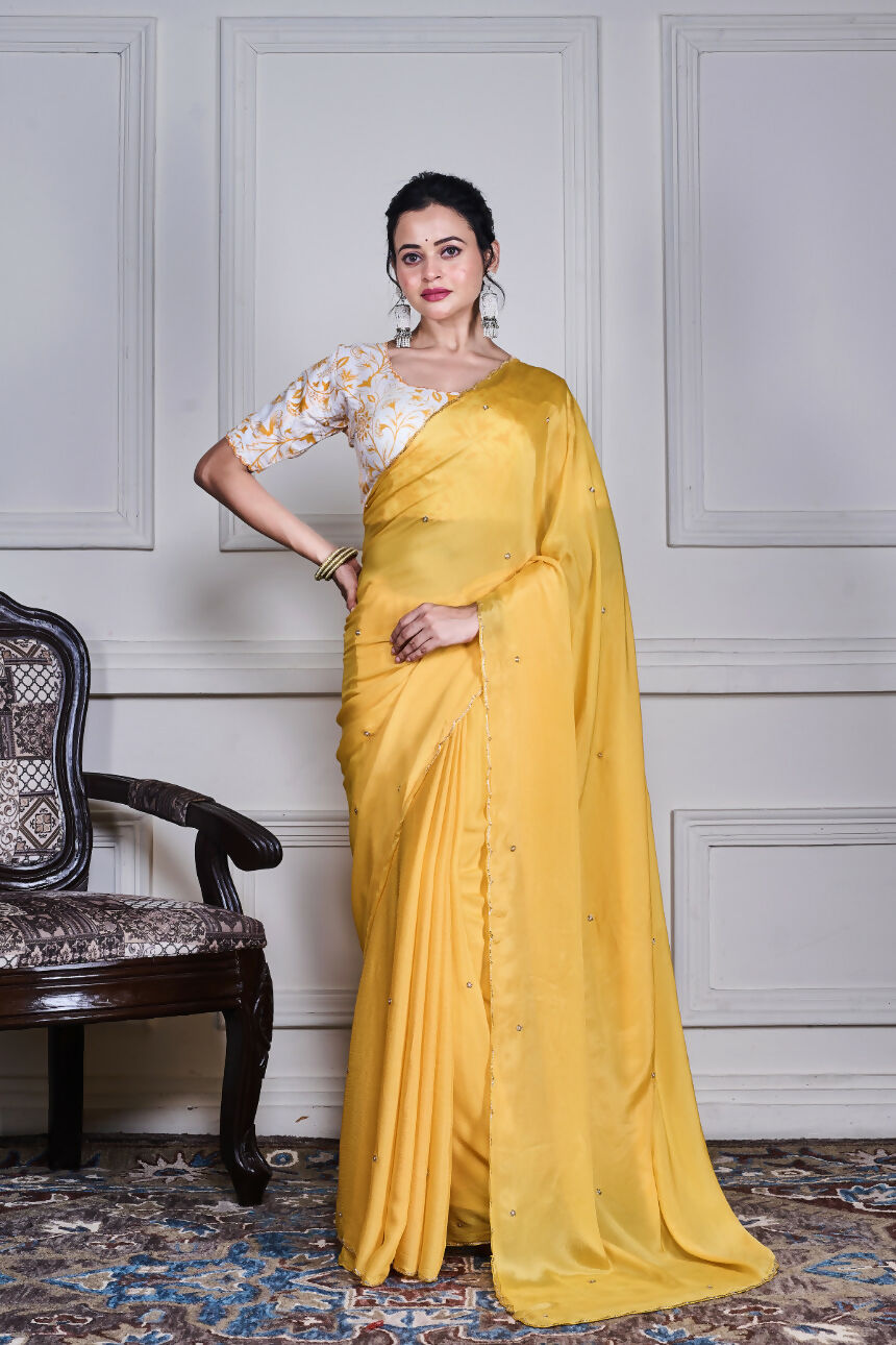 Morchari Yellow Chiffon Hand Embroidery Saree And Stitched Blouse