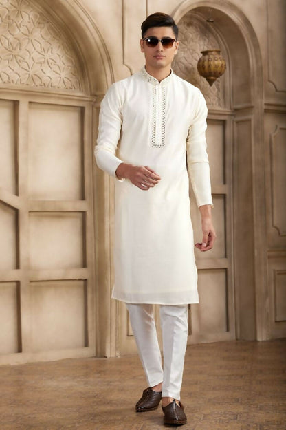 Raivat Ethnic Banarasi Art Silk Mirror Work Kurta Pajama In Cream Colour
