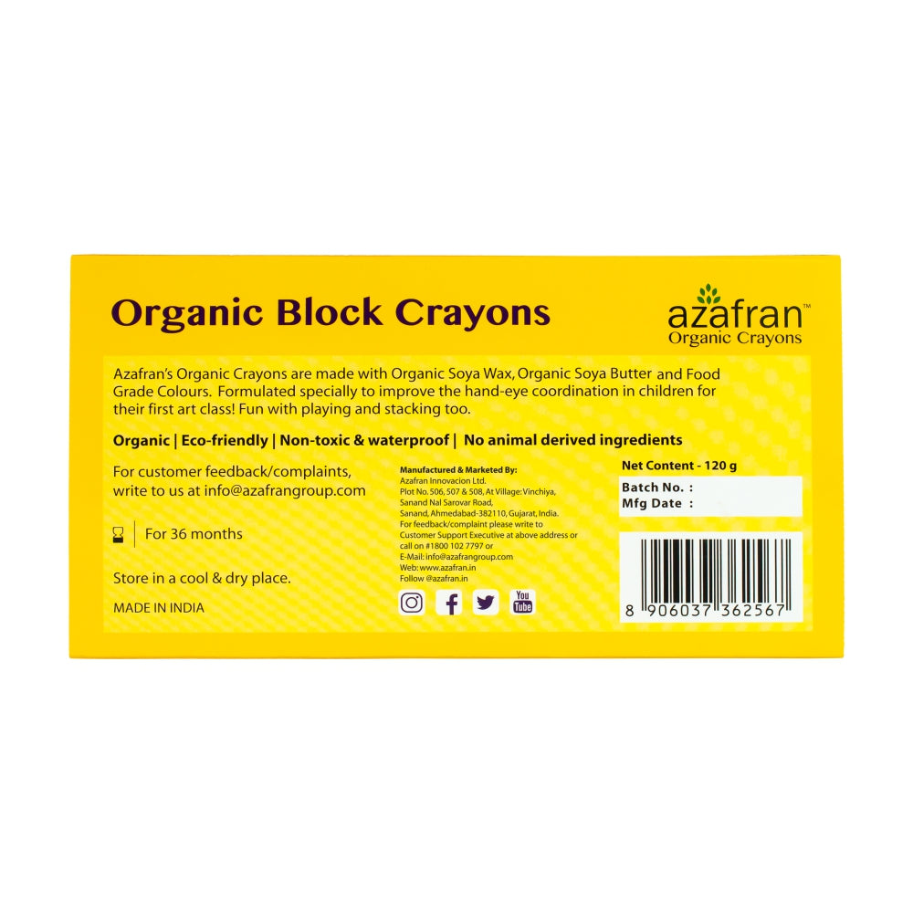 Azafran Organic Block Crayons (8 Colors) - 120 gms