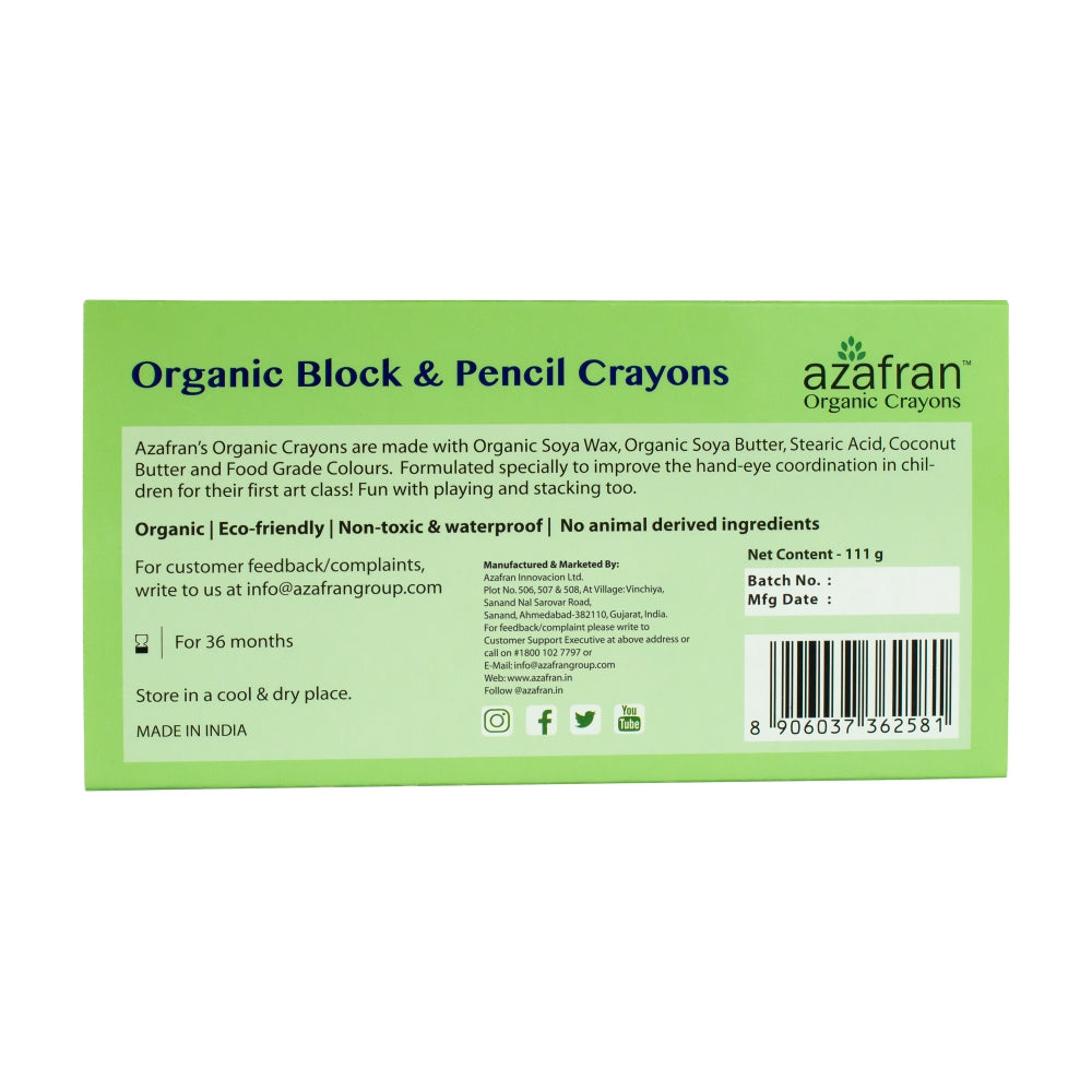 Azafran Organic Block & Pencil Crayons (8 Blocks & 6 Pencils) - 111 gms