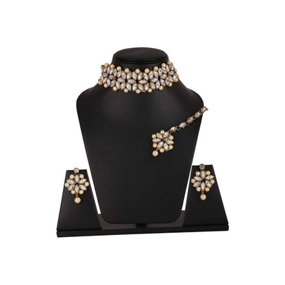 Mominos Fashion Trendy Gold-Polished with Stone & Pearls Necklace Set