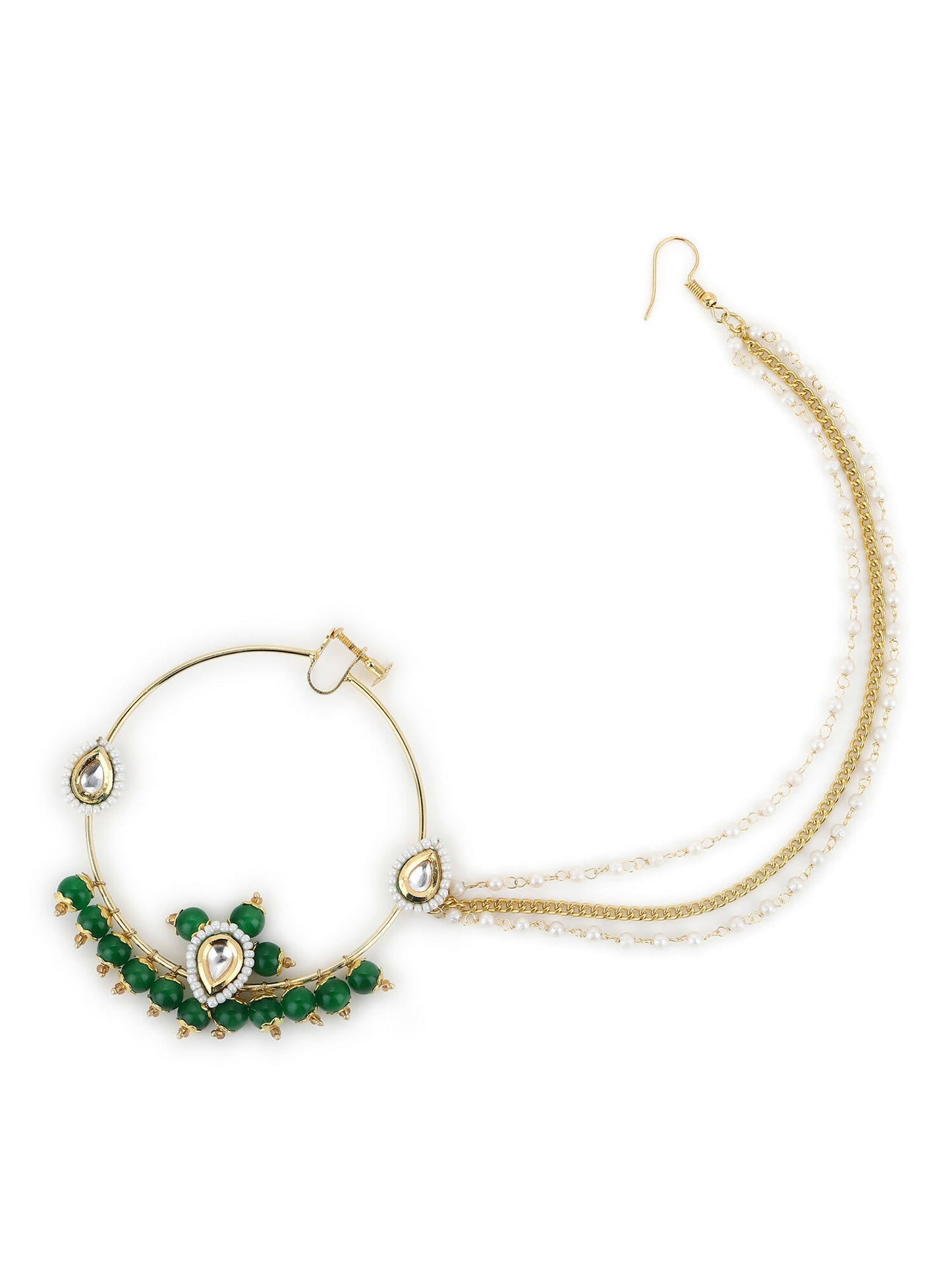 Gold-Polished White Green Kundan-Studded Pearl Beaded Nosepin - Ruby Raang