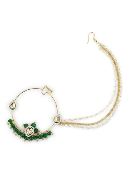 Gold-Polished White Green Kundan-Studded Pearl Beaded Nosepin - Ruby Raang