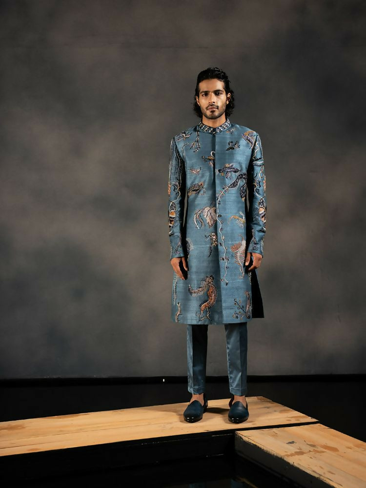 Deep Blue Hand Embroidered Indowestern Sherwani by Hilo Design