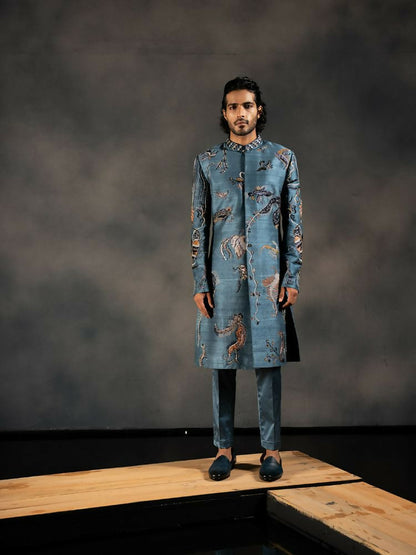 Deep Blue Hand Embroidered Indowestern Sherwani by Hilo Design