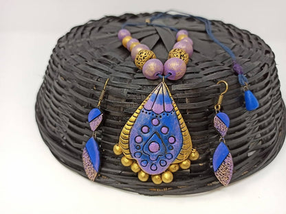 Terracotta Boho Style Medium Neckset With Hangings-Lavender And Gold