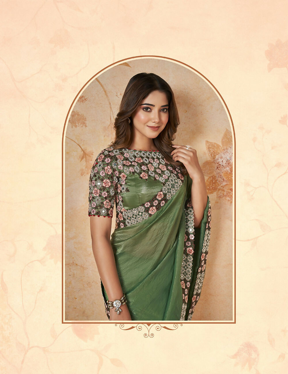 Green Banarasi Crush Silk Thread, Sequence, Cord Embroidered with Stone & Mirror Work Saree - Mohmanthan Dakshika