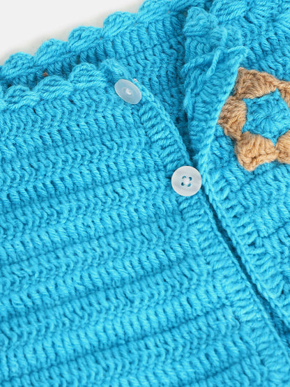 Chutput Kids Woollen Hand Knitted Full Sleeves Cardigan With Short Sleeves Flower Work Dress For Baby Girls - Blue