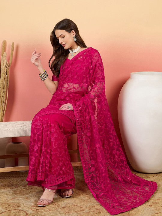Sangria Embroidered Net Saree With Unstitched Blouse