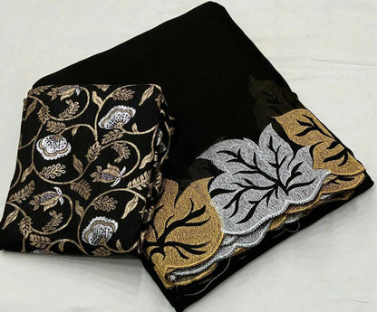 Vastranavya Satin Chiffon Silk Beautiful Designer Zari Thread Embroidery work of Leaf Design with Cutwork Border Saree with Blouse Material - Black