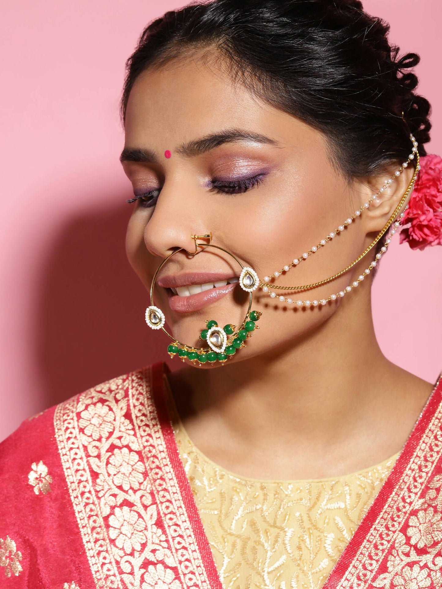Gold-Polished White Green Kundan-Studded Pearl Beaded Nosepin - Ruby Raang