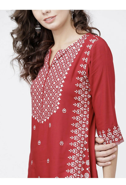 Cheera Embellished Daily Wear Cotton Blend Kurta - Red & White