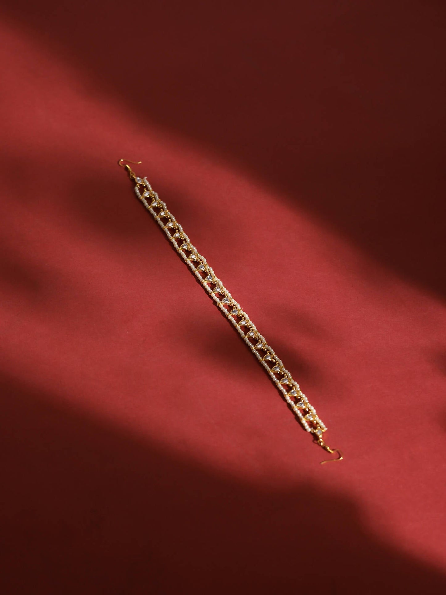 Gold-Polished White Kundan-Studded Pearl Beaded Hair Band - Ruby Raang