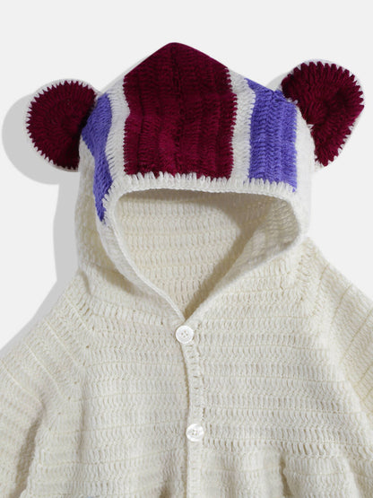 Chutput Kids Woollen Hand Knitted Full Sleeves Self Desgin Hoodie Dress For Baby Girls - Cream