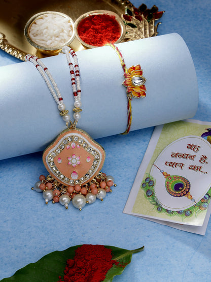 NVR Women & Men Set of 2 Peach Lotus Shape Kundan Stone-Studded & Beaded Bhaiya Bhabhi Rakhi With Roli Chawal