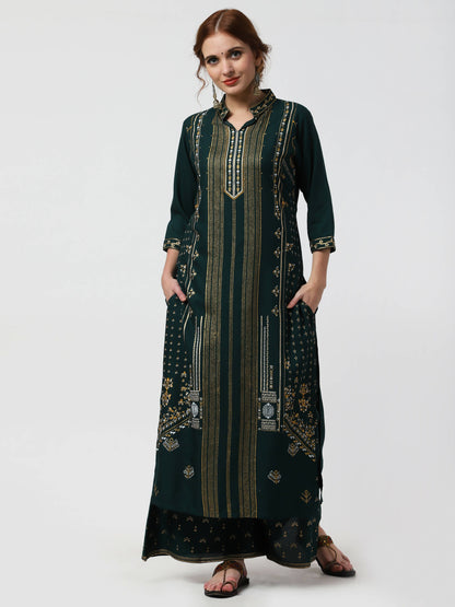 Cheera Embellished Daily Wear Cotton Blend Kurta With Palazoo - Bottle Green