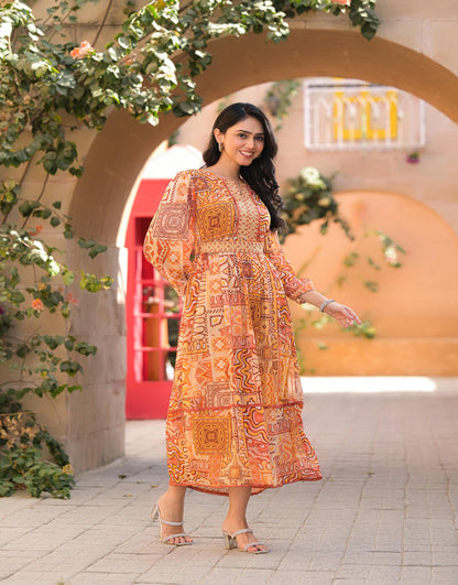 Juniper Orange Abstract Printed Chiffon Long Dress With Belt