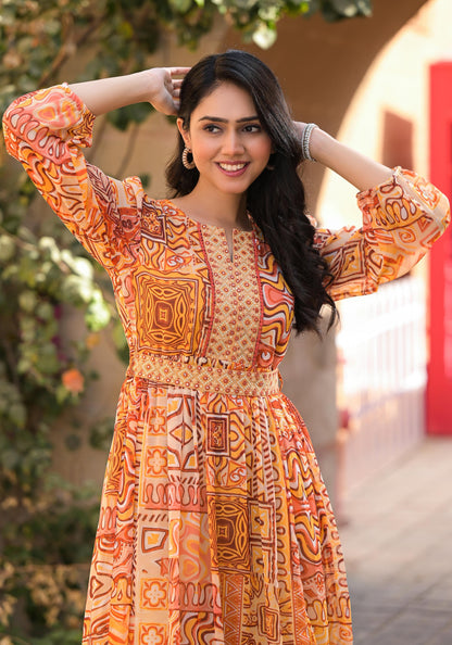 Juniper Orange Abstract Printed Chiffon Long Dress With Belt