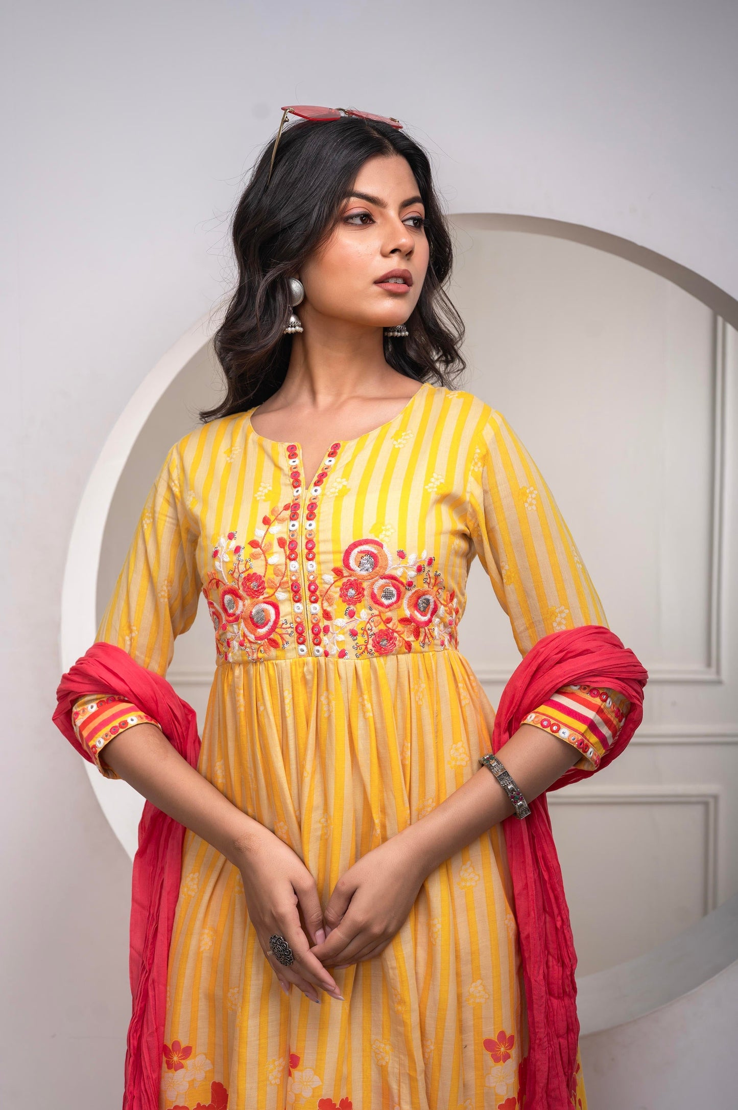 Juniper Mustard Cotton Kurta Pant & Chiffon Dupatta Set with Embroidered Floral Thread & Mirror Work