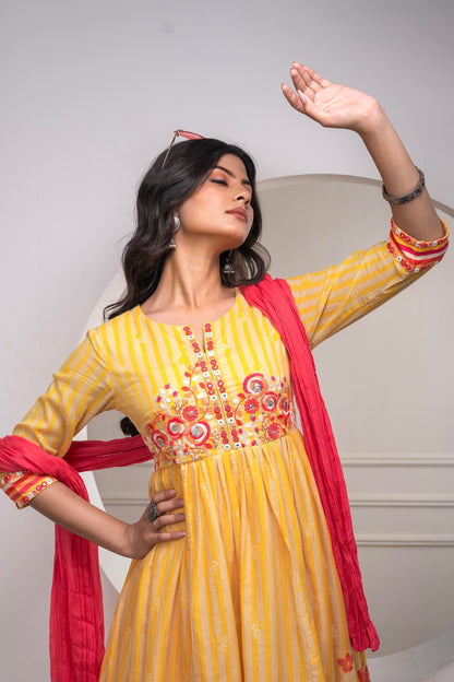 Juniper Mustard Cotton Kurta Pant & Chiffon Dupatta Set with Embroidered Floral Thread & Mirror Work