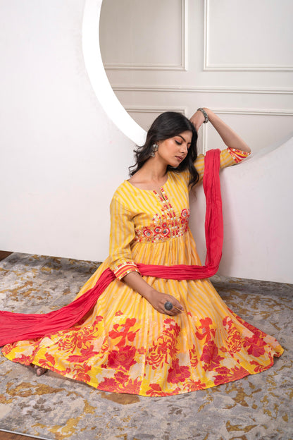 Juniper Mustard Cotton Kurta Pant & Chiffon Dupatta Set with Embroidered Floral Thread & Mirror Work