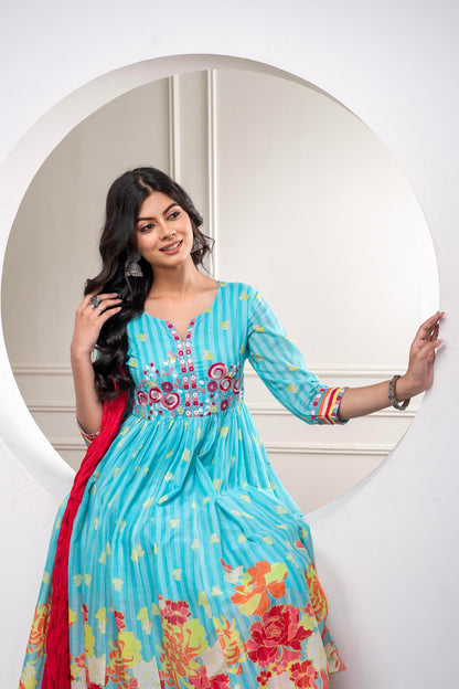 Juniper Skyblue Cotton Kurta Pant & Chiffon Dupatta Set with Embroidered Floral Thread & Mirror Work