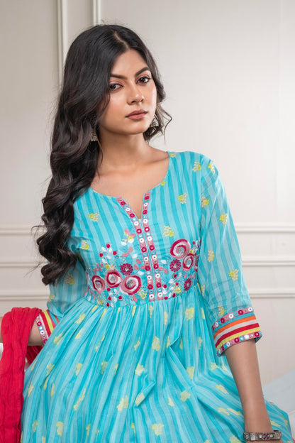 Juniper Skyblue Cotton Kurta Pant & Chiffon Dupatta Set with Embroidered Floral Thread & Mirror Work