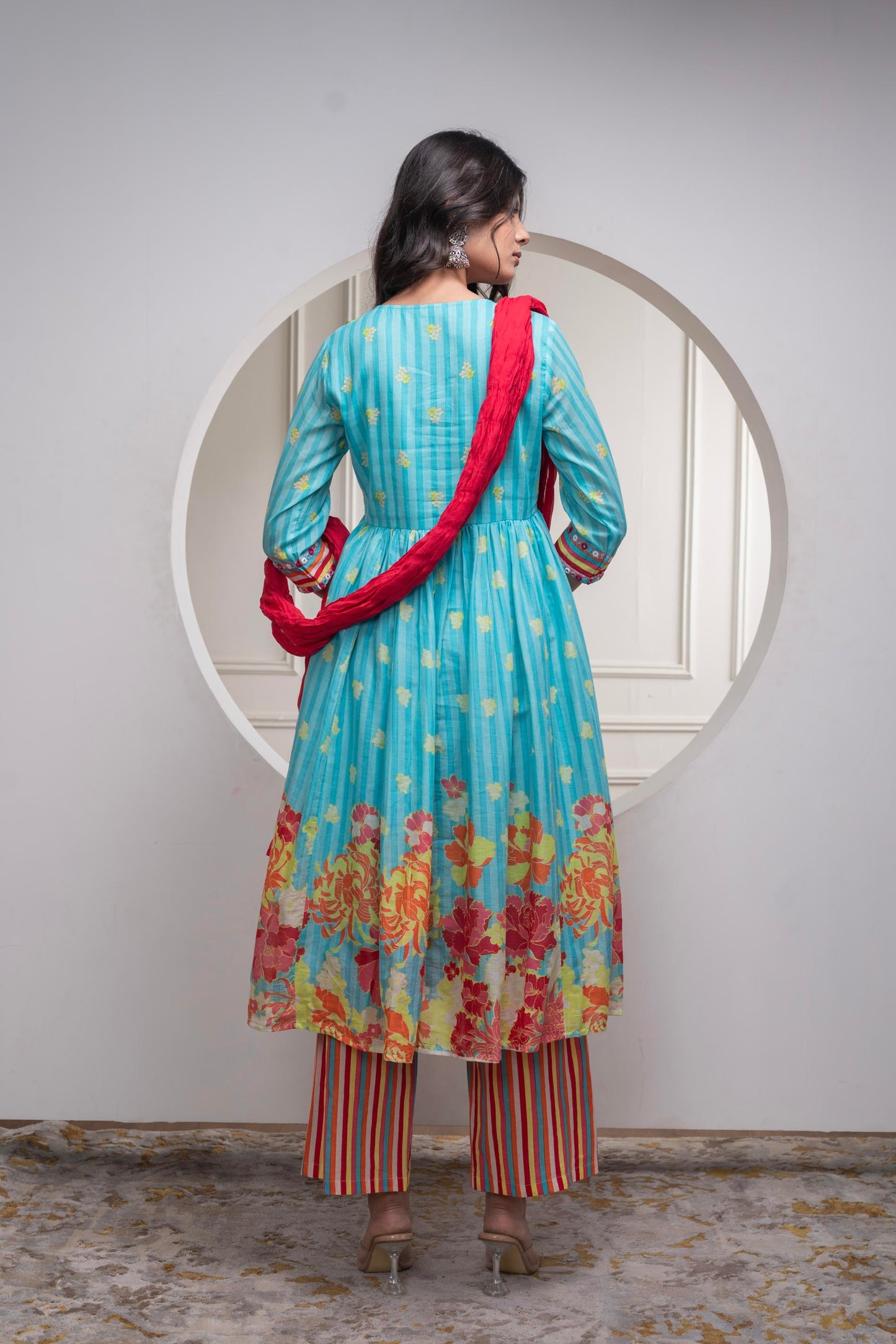 Juniper Skyblue Cotton Kurta Pant & Chiffon Dupatta Set with Embroidered Floral Thread & Mirror Work