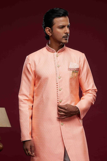 Raivat Ethnic Banarasi Jacquard Embroidery Semi Indo Western Sherwani In Pink Colour