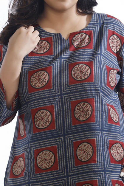 Breathables Women’S Blue Cotton Geometric Print Loungewear Co-Ord Set – Hip-Length Kurta & Pants