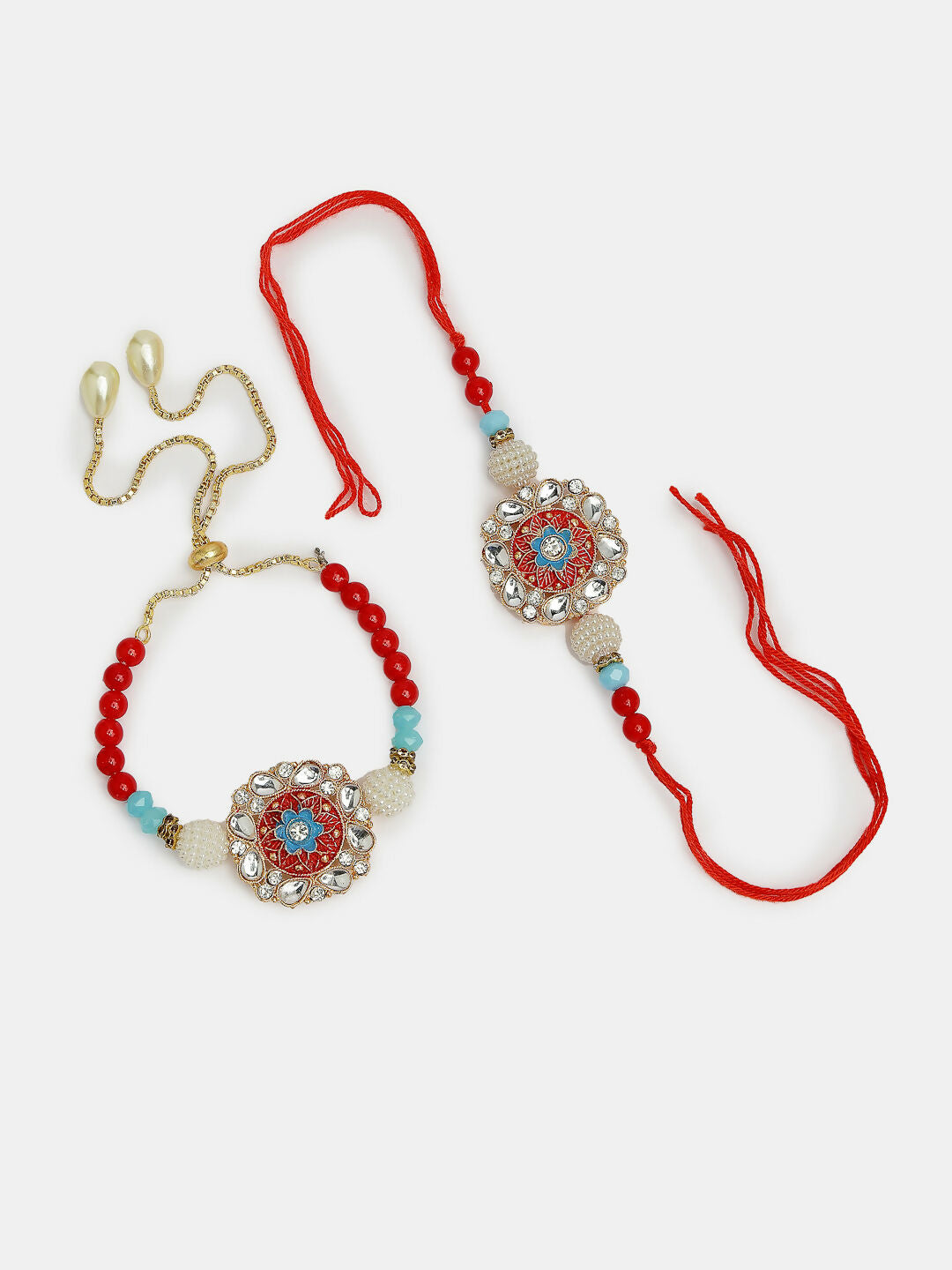 NVR Women & Men Set of 2 Red-colored Stone-Studded & Beaded Bhaiya Bhabhi Rakhi With Roli Chawal