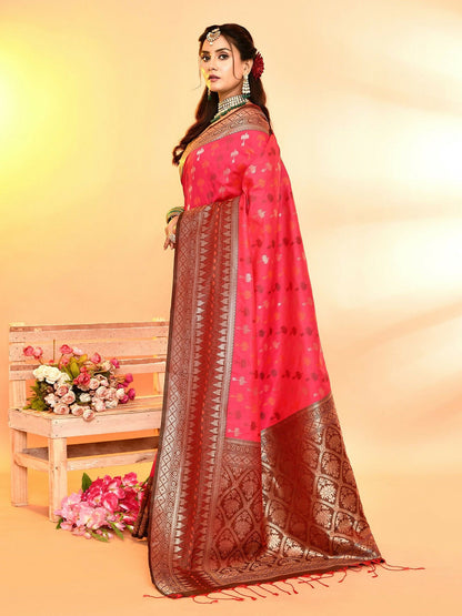 Joban Fashion Rani Pink & Bottle Green Plain With Weaving Border Banarasi Silk Sarees